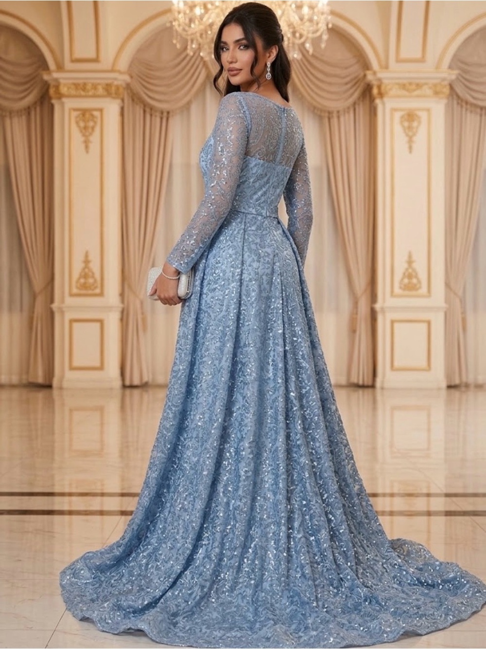 Elegant Light Blue Long Sleeve Lace Evening Gown